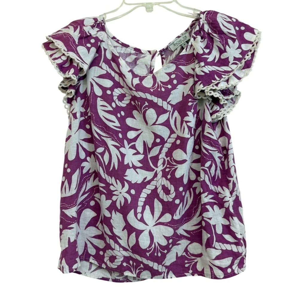 Rachel Zoe Purple White Floral Linen Blend Flutter Sleeve Lace Trim Top M